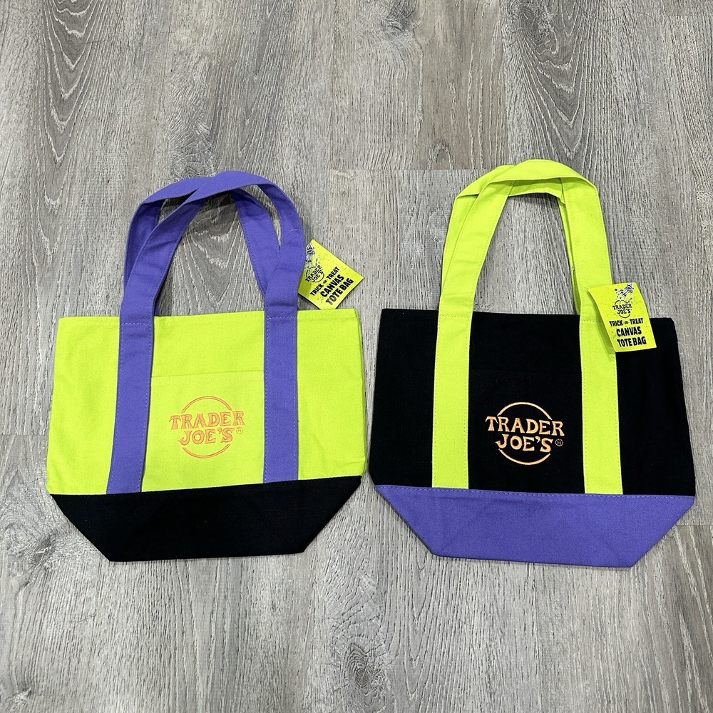 Trader Joe's Halloween Mini Canvas Totes Set of 2 2026 Black Green Purple Trim